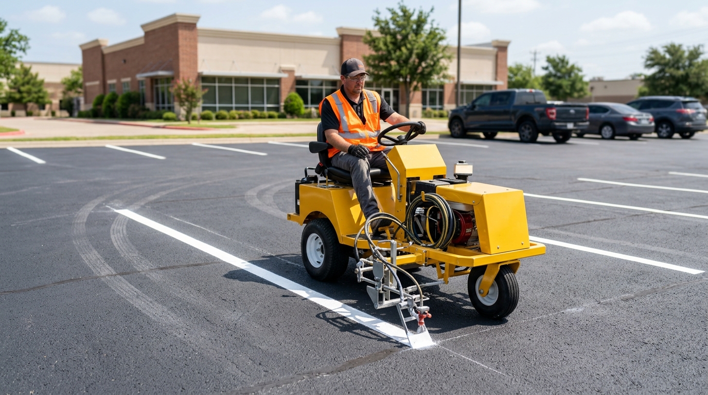 Striping crew working on a commercial parking lot