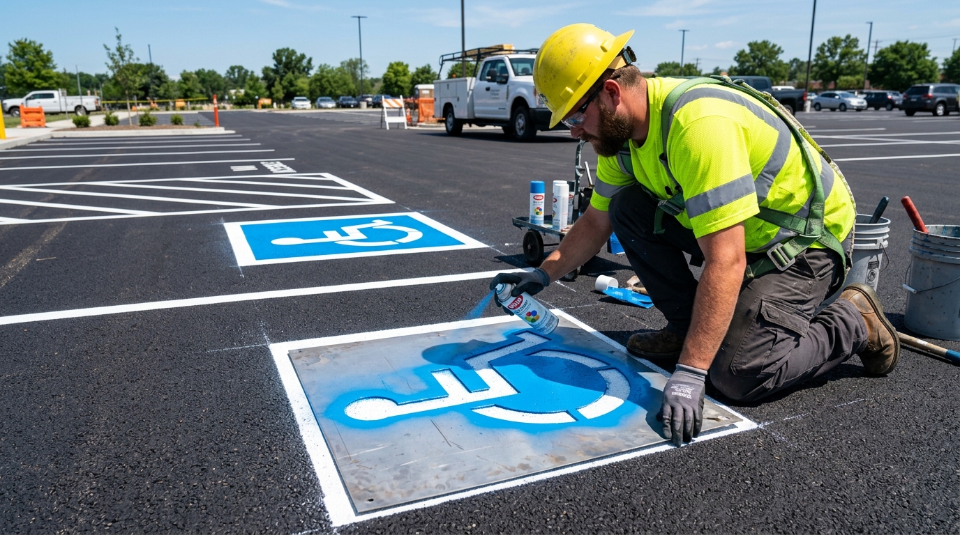 Worker painting a blue ADA accessible parking stencil