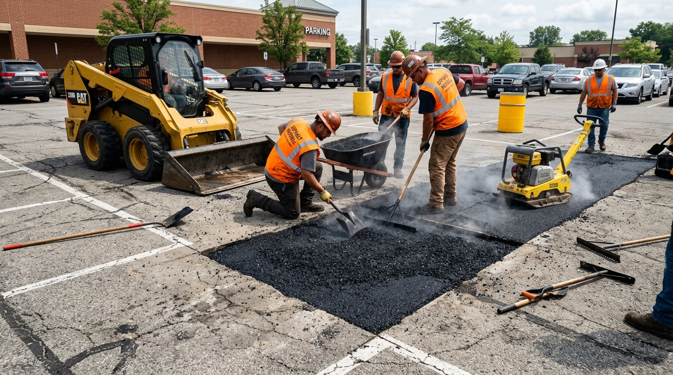 Crew repairing a pothole with hot asphalt mix