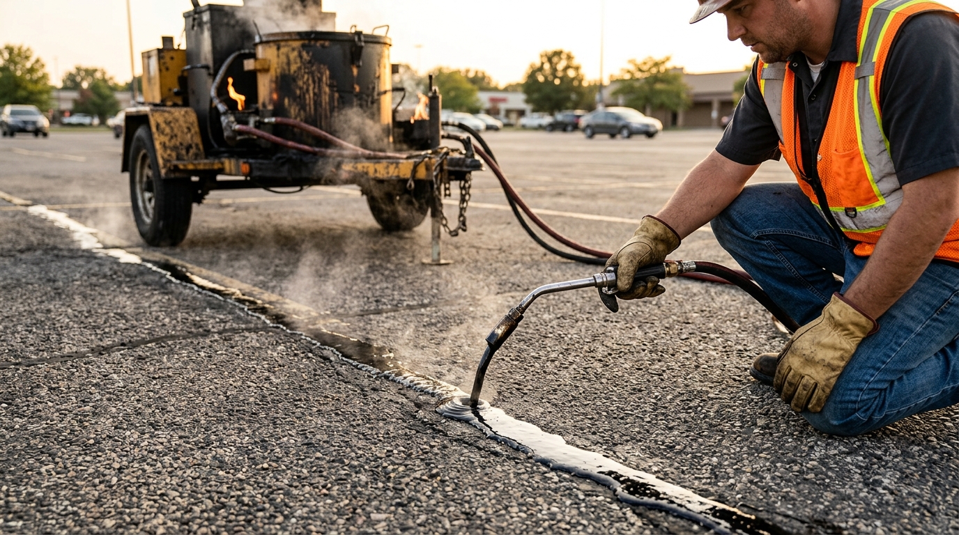 Worker filling an asphalt crack with hot rubberized sealant
