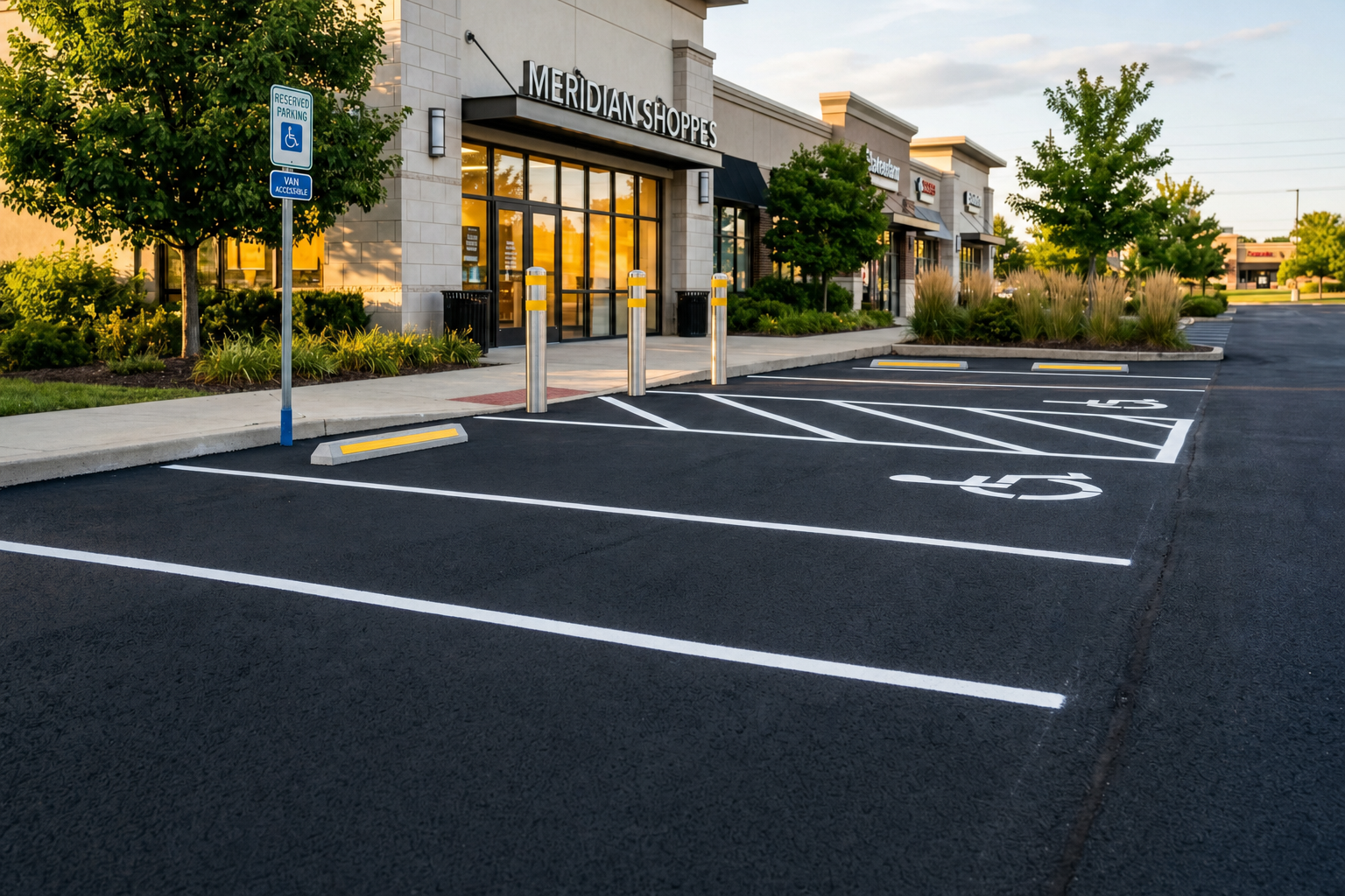 Concrete wheel stops, bollards, and signage in a fresh parking lot