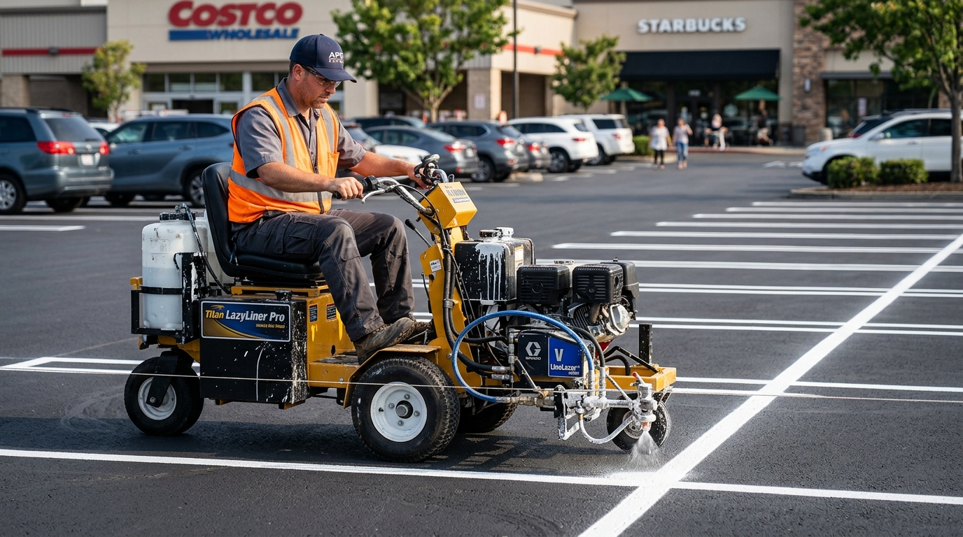 Line striping machine painting crisp white parking stall lines